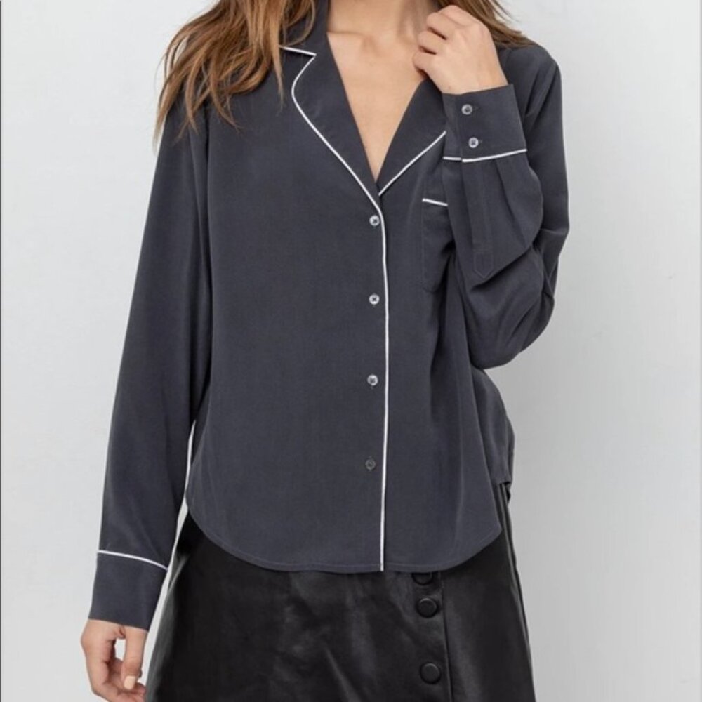 Rails 100% Silk Charcoal Amara Button-Up White Trim Shirt